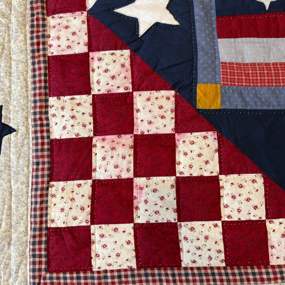 Handmade Americana Patchwork Quilt Betsy Ross Flag Queen 98x88 Red White Blue